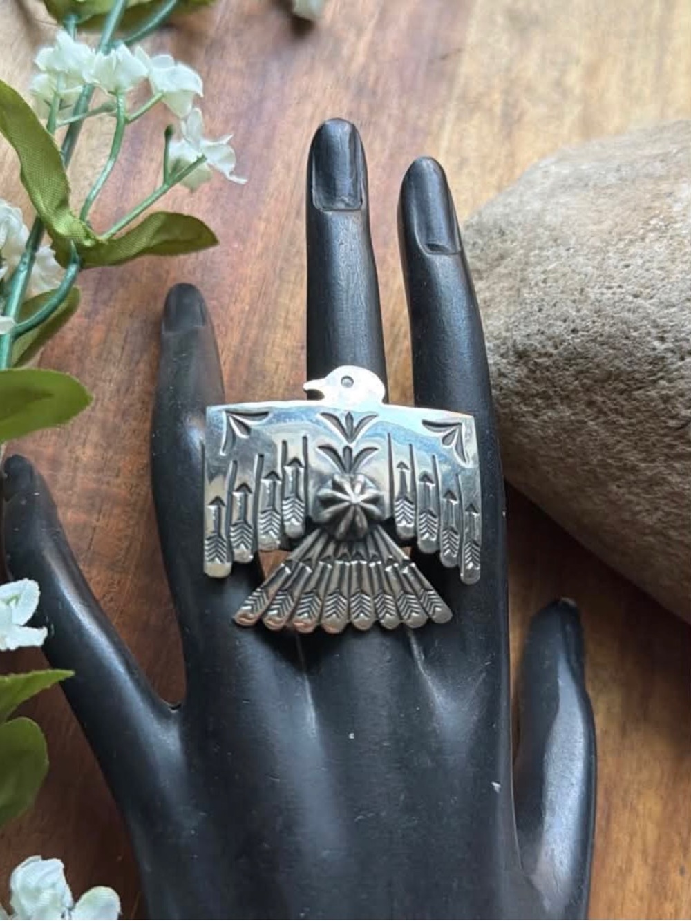 Navajo Sterling Silver Thunderbird Stamped Adjustable Ring Sunshine Reeves - Picture 8 of 12